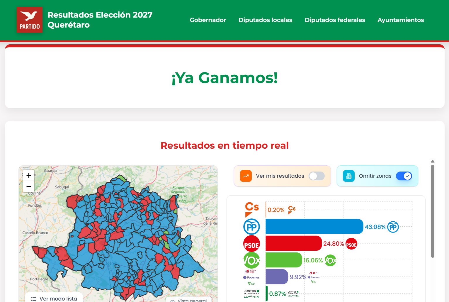 Publicación de resultados electorales de un partido con mapa y gráfica en tiempo real