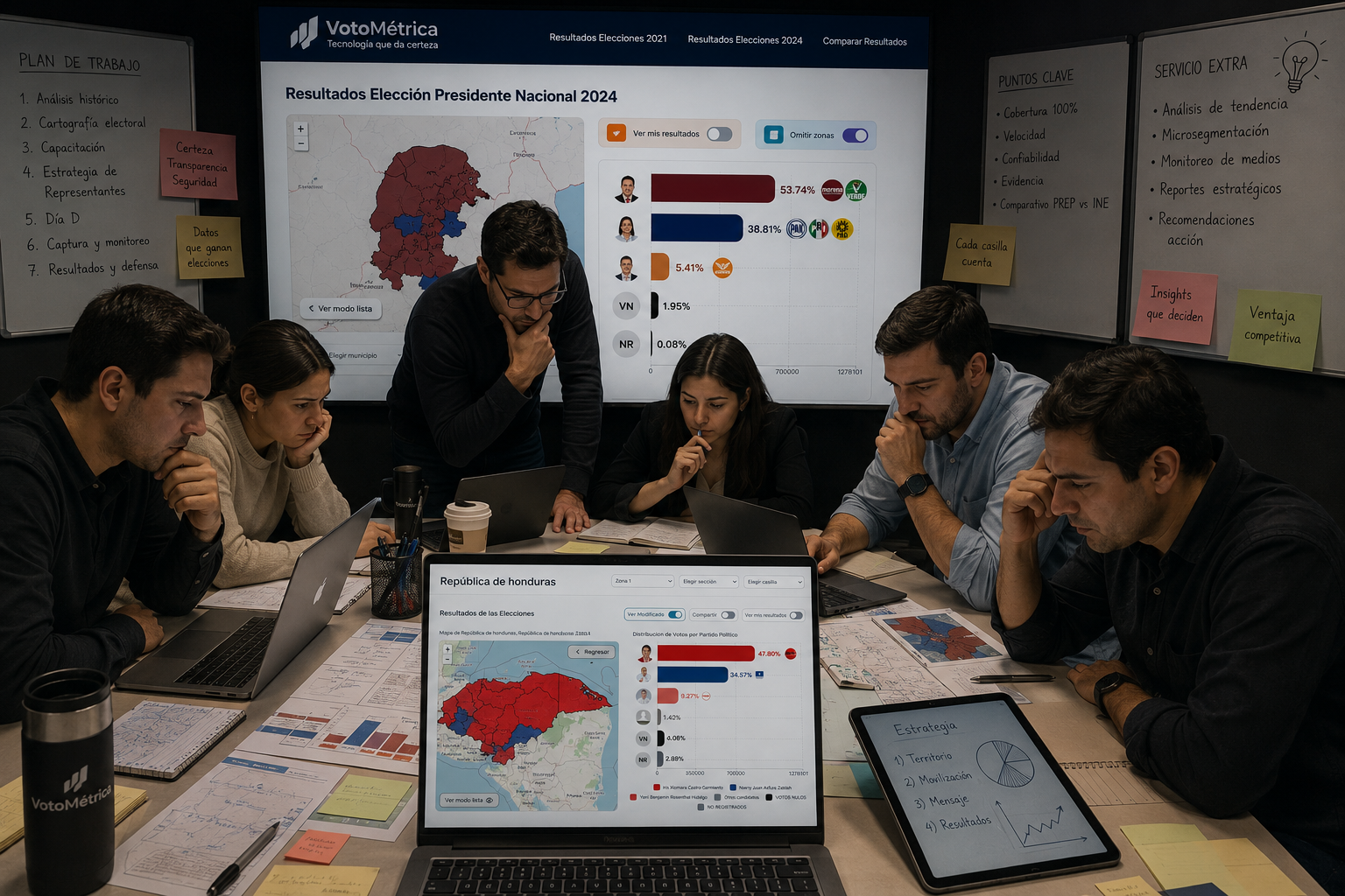 Equipo político observando resultados electorales desde un war room